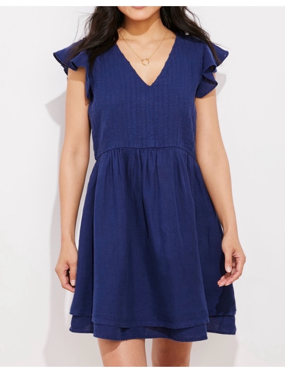 Vineyard Vines Navy Blue Pin Tucked V-Neck Ruffle Sleeve Dress M